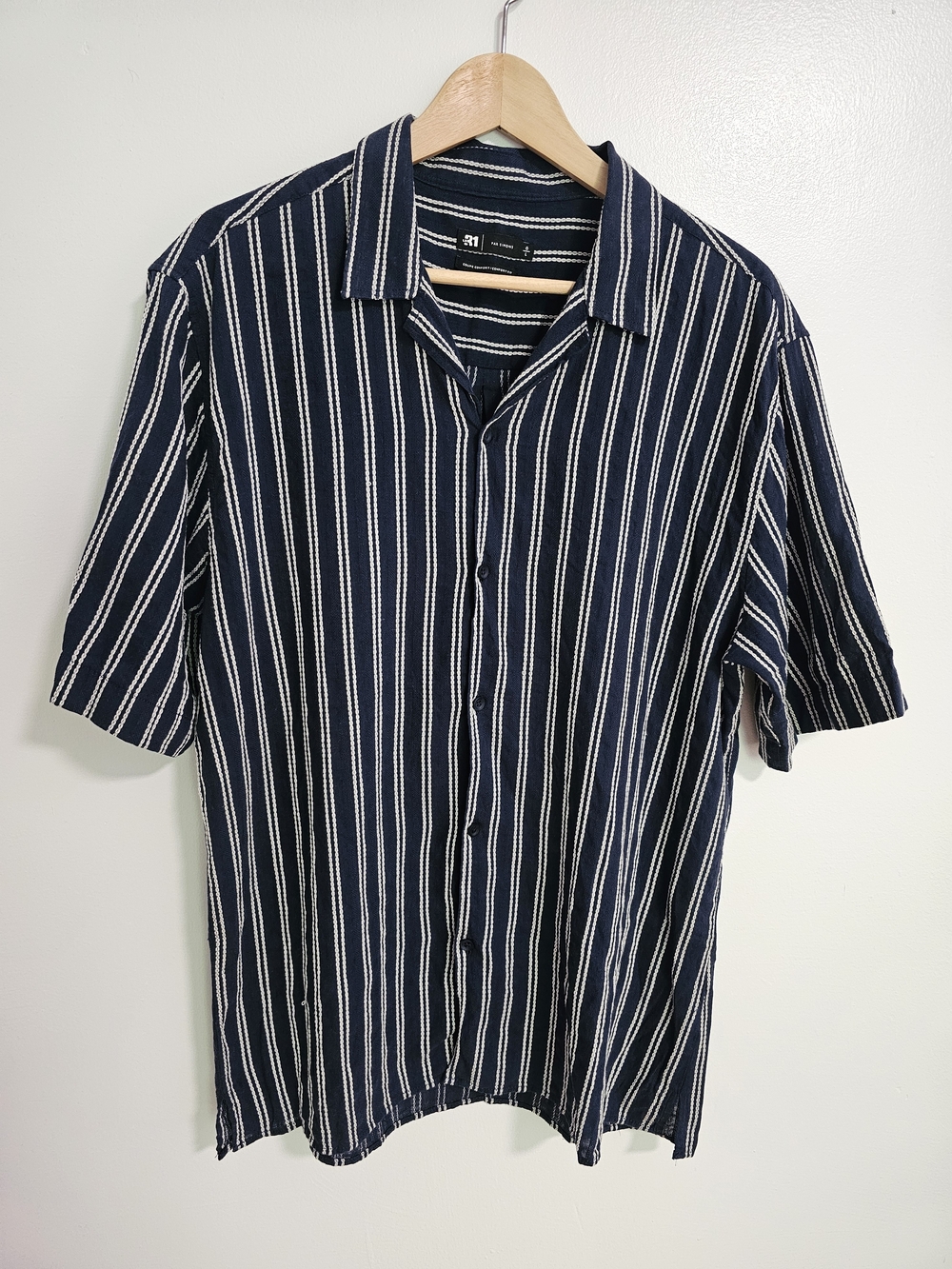 Le 31 Simons Striped Navy Button-Down Linen Cotton Shirt Size L Mens